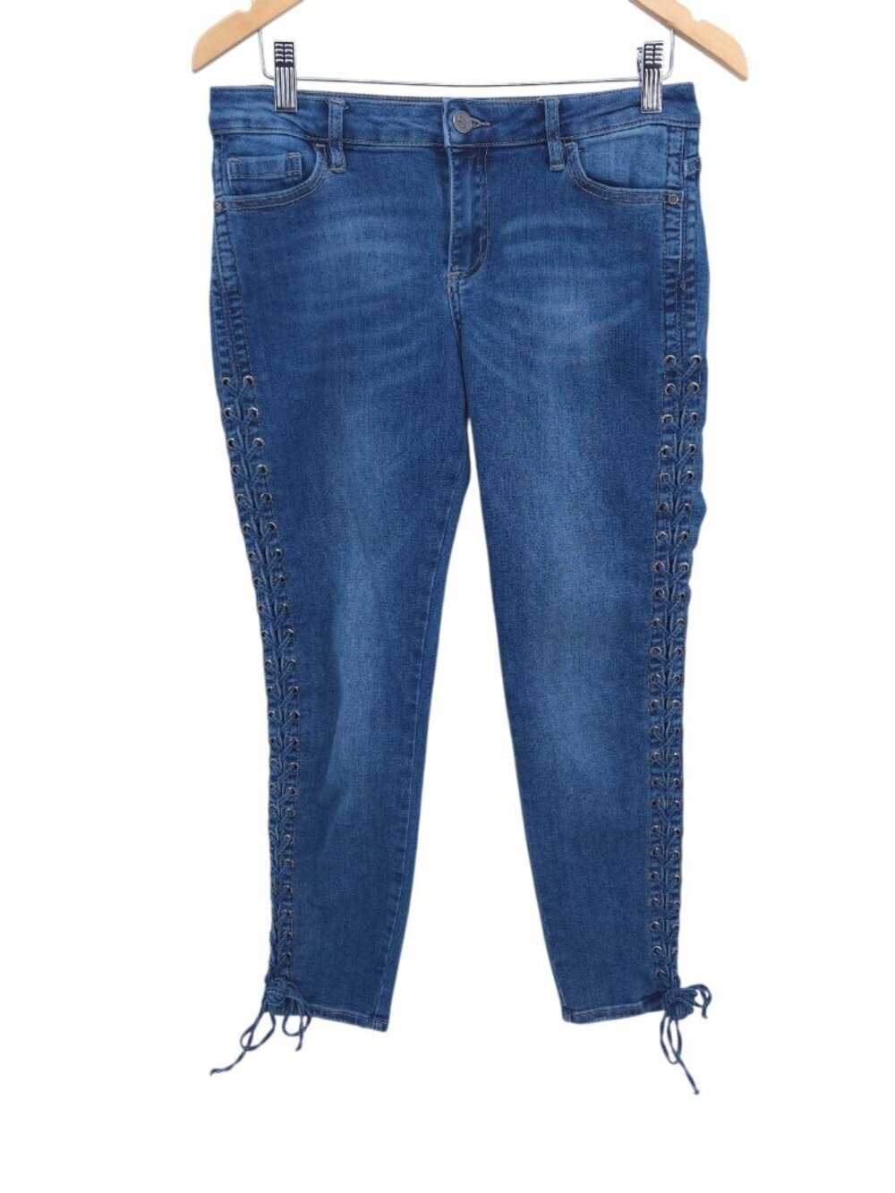 Bebe Lace Up Side Slim Ankle Jeans Womens 29 Blue Stretch Grommet